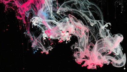 Fototapeta premium Delicate pink and white ink swirls on black background.