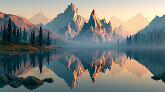 Low poly mountain landscape with lake reflection at golden sunset

