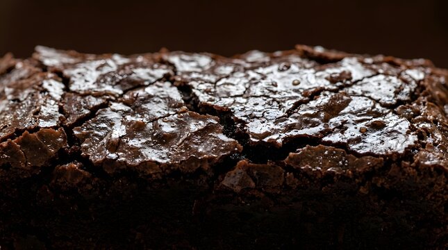 Dark chocolate brownie featuring a moist cracked surface with rich glossy textures captured in a close macro photographic food shot