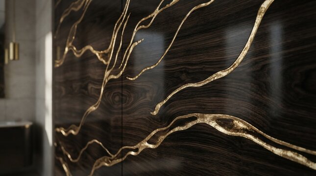 Elegant dark wood panel with golden vein inlay pattern texture