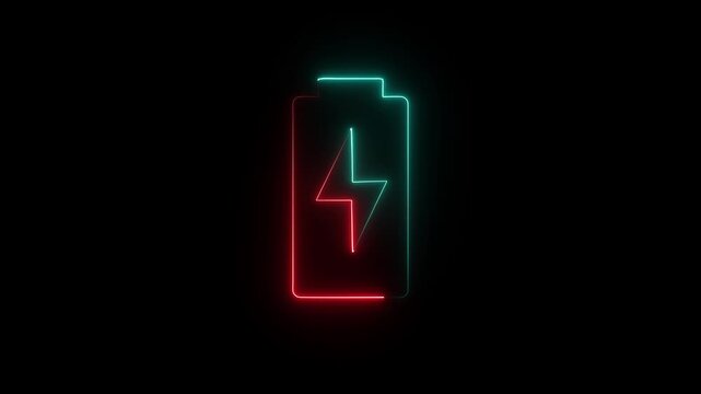 Neon glowing battery icon animation. Abstract neon battery charging icon . neon lightning bolt, power full battery icon on black background.