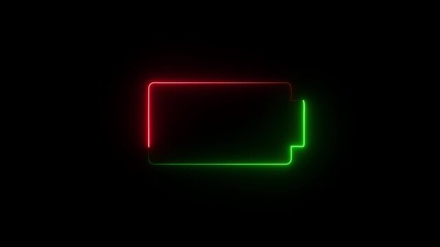Neon glowing battery icon animation. Abstract neon battery charging icon . neon lightning bolt, power full battery icon on black background.