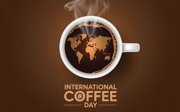 International coffee day with a steaming cup and a map in coffee liquid