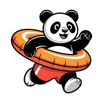 Cute panda bear character wearing swimming shorts and holding a round orange pool float isolated on transparent background