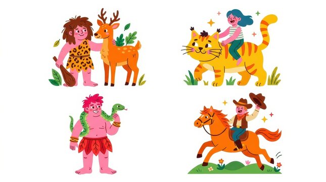 Set of Cute Cartoon Illustrations of People and Animals Including a Caveman, Girl on Tiger, Snake Charmer, and Cowboy