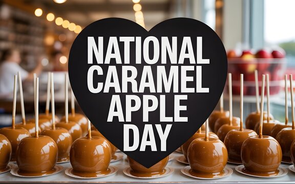 A heart shaped sign celebrating national caramel apple day with many caramel coated apples