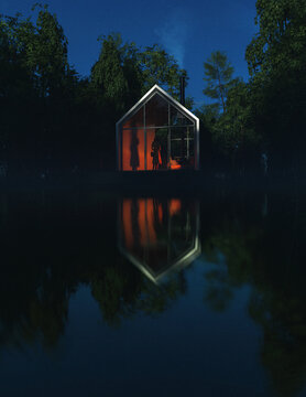 Illuminated recreational house by a lake surrounded by lush trees during sunset. 3D render.