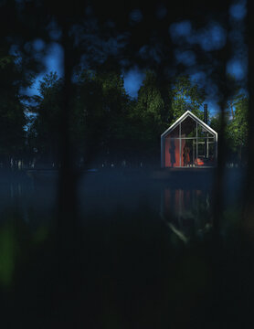 Illuminated recreational house by a lake surrounded by lush trees during sunset. 3D render.