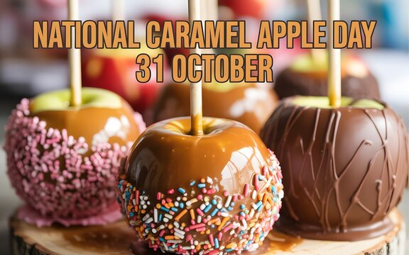 Close-up of delicious caramel apples with colorful sprinkles on a wooden serving board