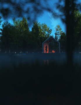 Illuminated recreational house by a lake surrounded by lush trees during sunset. 3D render.