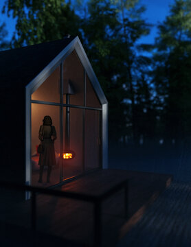 Illuminated recreational house by a lake surrounded by lush trees during sunset. 3D render.