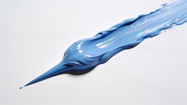 features a close-up of a single, smooth brushstroke of paint on a white background. The paint is a vibrant periwinkle blue with a glossy finish, exhibiting subtle iridescent highlights that catch the 