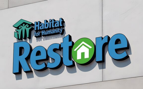 Habitat for humanity re store sign with blue and green on a white wall surface restore