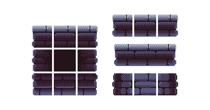 Pixel art dark stone dungeon tileset for 2D platformers. Retro 8-bit castle brick terrain sprite sheet.
