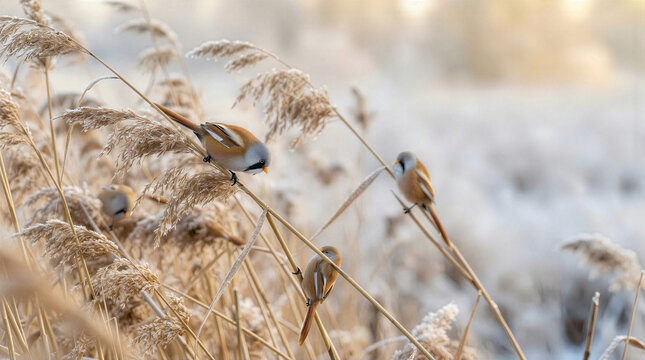 Bearded reedlings perched on frozen reeds, winter songbirds in snowy wetland, wild birds in frost covered nature landscape