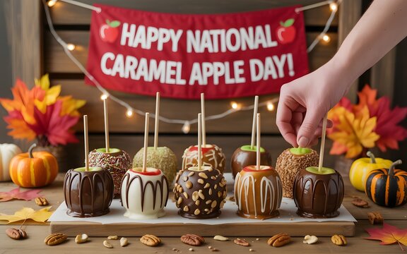 Hand reaching for a caramel apple on a wooden table with autumn leaves and pumpkins