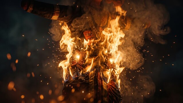 Burning Ravana effigy surrounded by flames, sparks and rising smoke during Ravan Dahan &mdash; dramatic Dussehra Vijayadashami festival celebration symbolizing victory of good over evil