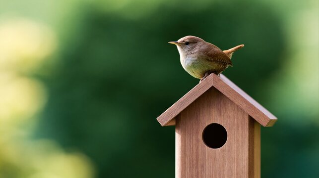 Small wren bird perched on top of wooden birdhouse