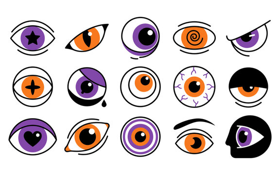 Set of spooky cartoon eyes in orange and purple colors for creative halloween themed graphic design projects