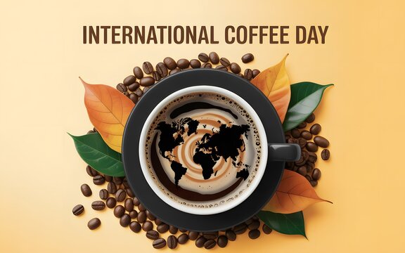 International coffee day concept with a cup of coffee featuring a map latte map