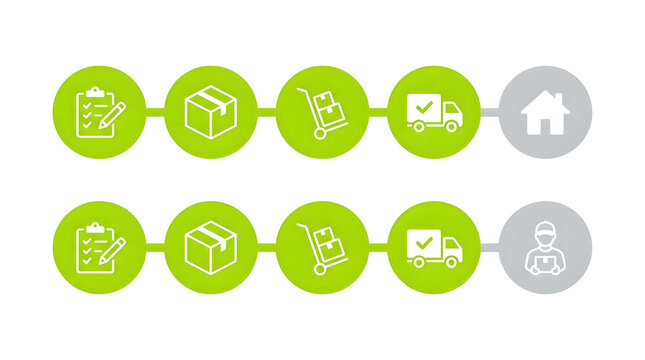 Delivery process icons illustrating order fulfillment steps from checklist to final recipient or home delivery.