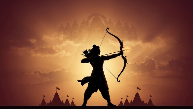 Lord Ram drawing a divine bow against a glowing golden dusk sky with Ravana in the clouds &mdash; Dussehra Vijayadashami festival banner, Hindu mythology and Ramayana devotional background