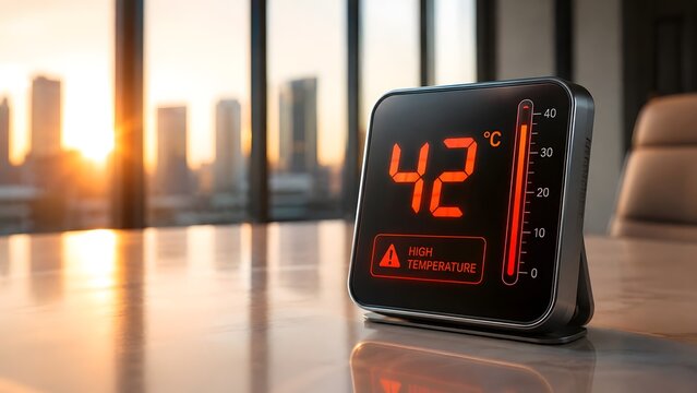 Digital Thermometer Displaying 42 Degrees Celsius High Temperature Warning in Sunny Office