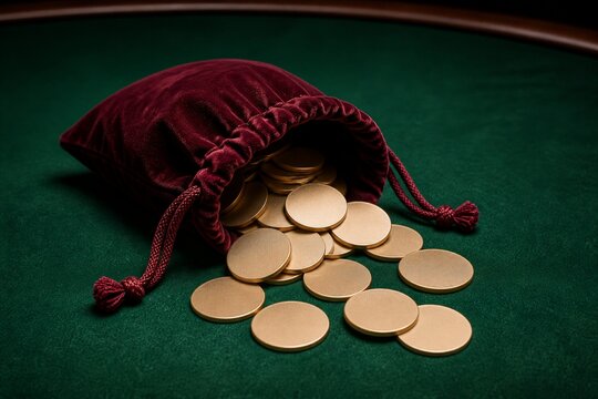 Spilling Golden Coins from Red Velvet Pouch on Green Table