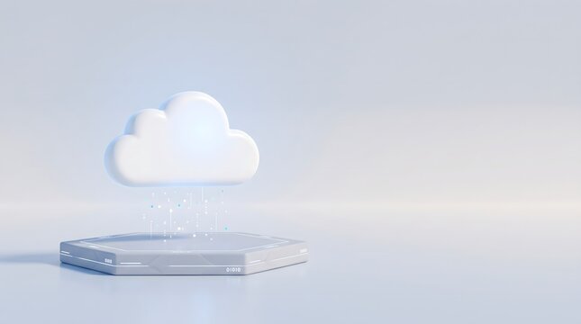 White cloud floating above a hexagonal platform 3d rendering illustration