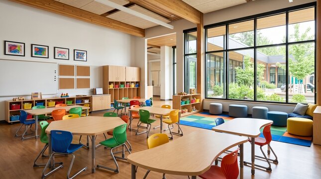 Modern Elementary School Classroom with Colorful Furniture and Large Windows Overlooking a Courtyard