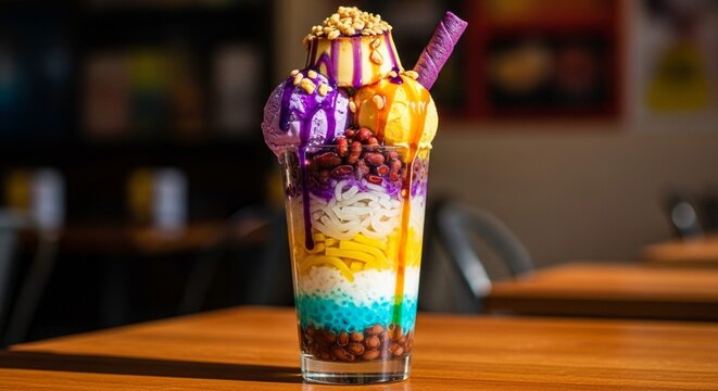 Filipino Halo Halo Dessert Glass with Ube Ice Cream Leche Flan and Copy Space
