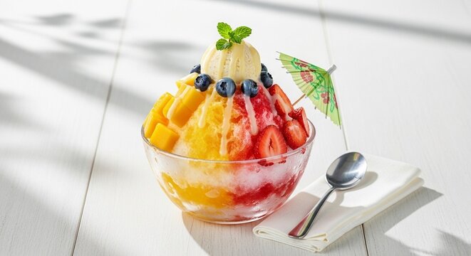 Fresh Fruit Shaved Ice Dessert Bingsu with Ice Cream Scoop and Copy Space