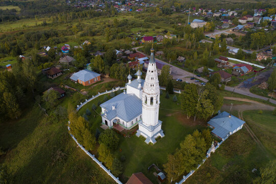 Aerial view of the ancient Cathedral of the Transfiguration of Our Lord (1758) on a September day. Sudislavl, Kostroma oblast, Russia