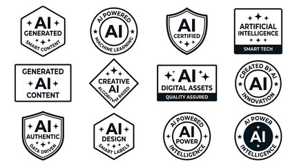Fototapeta premium A collection of black and white vector badges and stamps related to Artificial Intelligence, showcasing various AI concepts and applications.