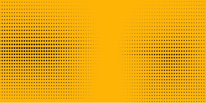 Yellow orange halftone pattern. Retro comic gradient background. Square pixilated dot cartoon texture. Pop art faded gradient pattern.