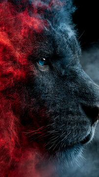 Close up blue eyes of the black lion with red fire effect is fore ground , epic lion , action cinematic.