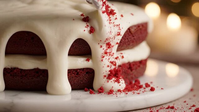 Close-up of creamy white frosting dripping over rich red velvet cake layers