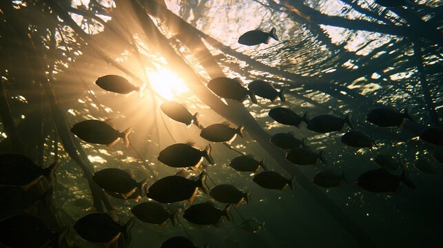 Sunbeams filter through canopy with piranha schooling