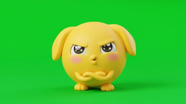 3D animated yellow mascot pouting and making pleading eyes on green screen.