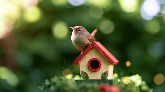 Tiny wren bird on a small red roof birdhouse
