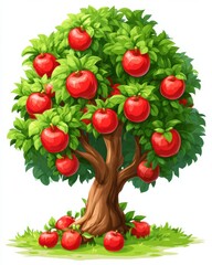 Fototapeta premium Cartoon apple tree stands tall with bright red apples and green leaves in a sunny orchard surrounded by grass and playful colors.