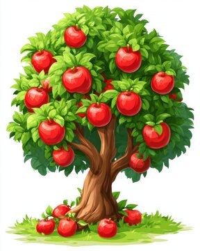 Cartoon apple tree stands tall with bright red apples and green leaves in a sunny orchard surrounded by grass and playful colors.