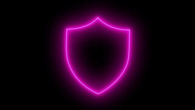 Bright neon security neon frame with tones. Alpha channel Premultiplied 4K animation video. Shield neon icon, Shield icon security animation, badge shield security protection emblem safety guarantee 