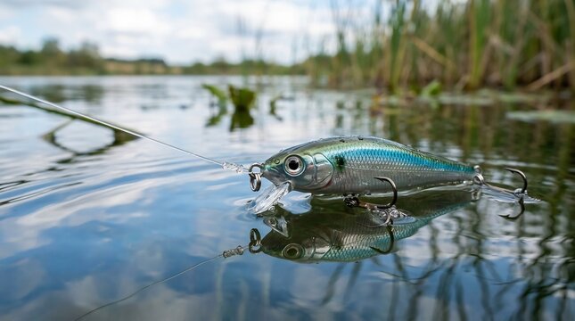 Silver and blue fishing lure floating on calm lake water, realistic minnow bait with treble hooks, outdoor sport fishing adventure, Father's Day gift concept, serene nature scene.