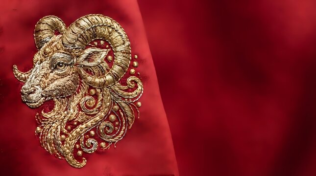 Golden ram head embroidery on crimson fabric with ornate decorative