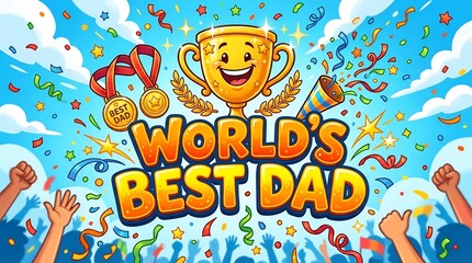 Fototapeta premium World's Best Dad celebratory illustration with golden trophy, winner medals, and colorful confetti. Vibrant Father's Day graphic featuring cheering crowd hands and festive