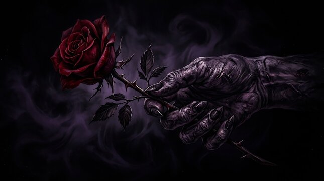 Gnarled monster hand holding a red rose, gothic Father's Day concept for dark dads, macabre romance horror illustration, fantasy art, vampire aesthetic, mysterious entity gift.