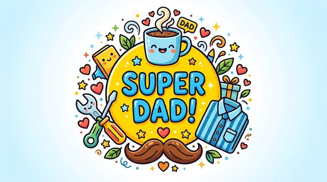 Super Dad kawaii illustration featuring happy coffee mug, mustache, and tools. Vibrant Father's Day greeting card design, celebration graphics, dad appreciation concept.