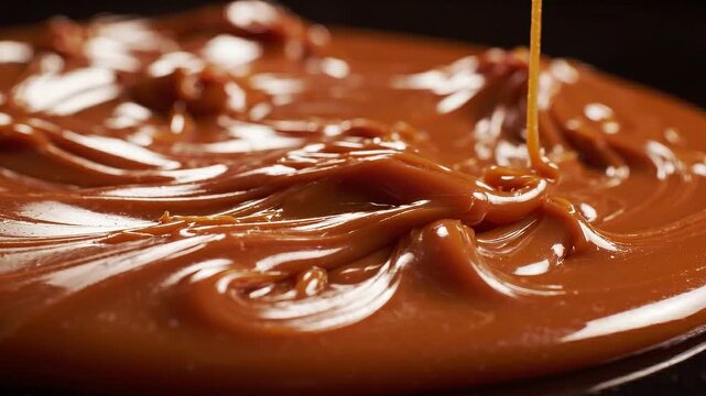 Thick liquid caramel sauce flowing in a slow, glossy stream over a dark surface