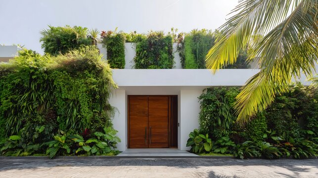 Minimalist white mansion in a tropical setting lush vertical gardens on the facade large pivoting wooden door bright midday sun